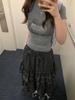 Women's Retro Gray Plaid Patchwork Layered Long Skirt with Heavy Embroidery For Autumn/Winter