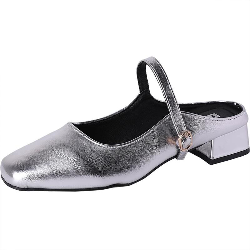 French Evening Breeze Temperament Silver Single Shoes Women's Spring and Summer 2025 New Korean Version Flat Bottom with Skirt Bag Head Sandals Tide