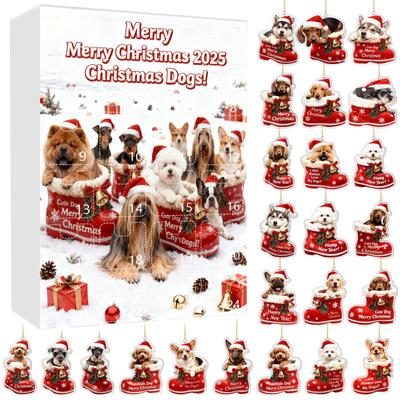 Weihnachts-Hunde-Adventskalender 24 weihnachtliche Ornamente mit Hundemotiv Feiertags-Countdown-Kalender Hunde mit roten Schuhen Perfekt für Tierliebhaber, Tierbesitzer