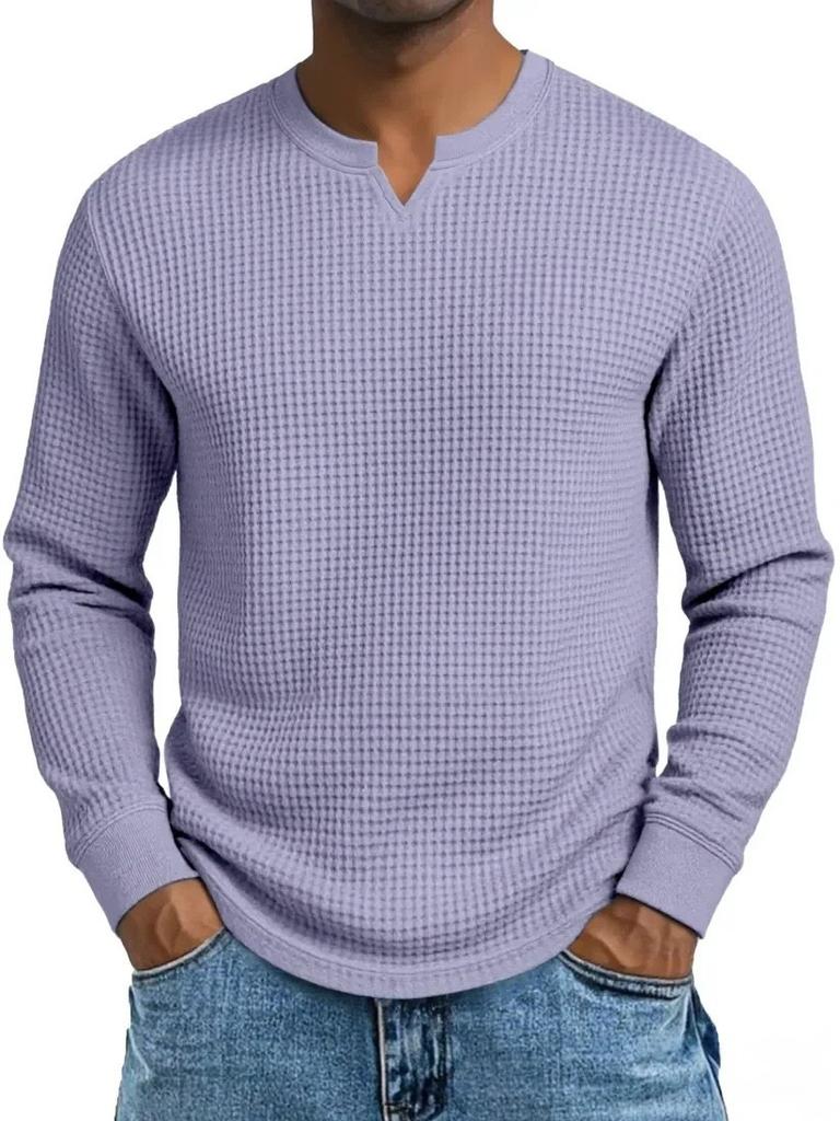 Herren Plus Size Waffel Karomuster Slim Fit Langarm V-Ausschnitt Lässiges T-Shirt