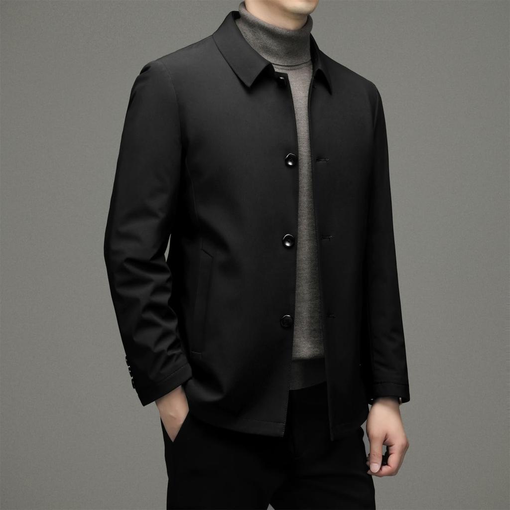 FJSSLHXK Collared Down Business Single Suitable for Senior Men's Jacket, Outerwear, Fold-Over Collar, Button, Men, Commuting, Autumn/Winter, Black,