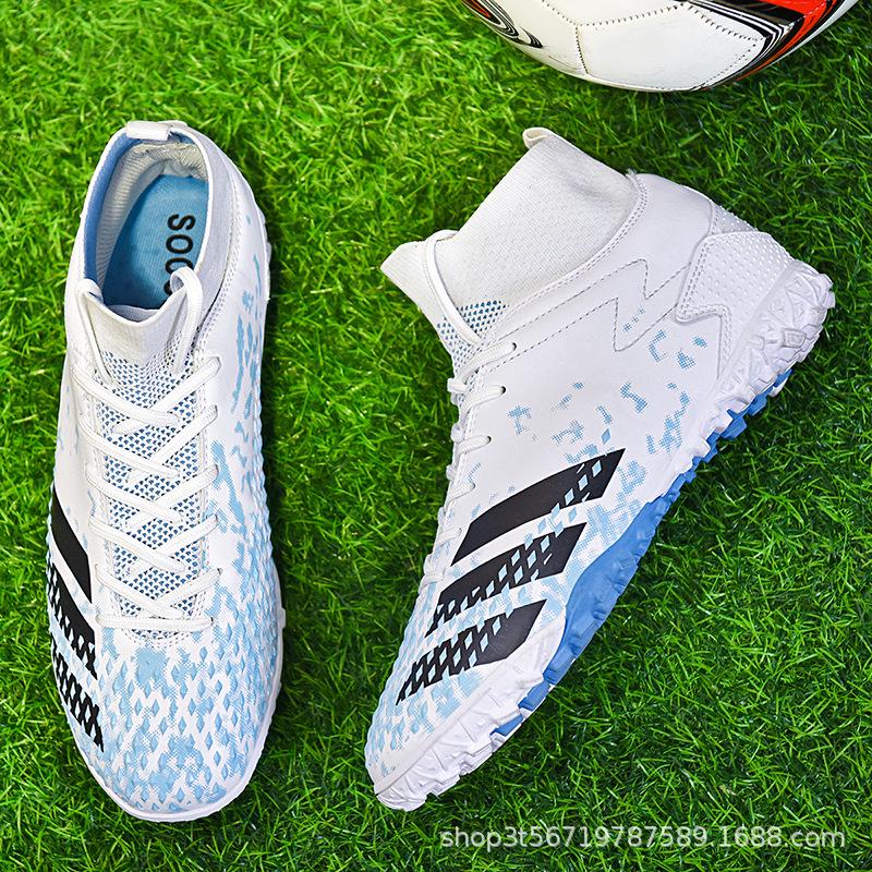 Unisex High-Top Football Shoes for Kids, Mandarin Duck Color, Long Nails, TF Artificial Grass, Student Training.