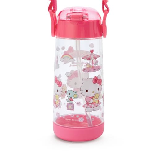 Sanrio Children's Water Bottle with Straw, 480ml, Direct Drinking, One-Touch, Lightweight, Plastic, Hello Kitty Design, with Shoulder Strap and Name S
