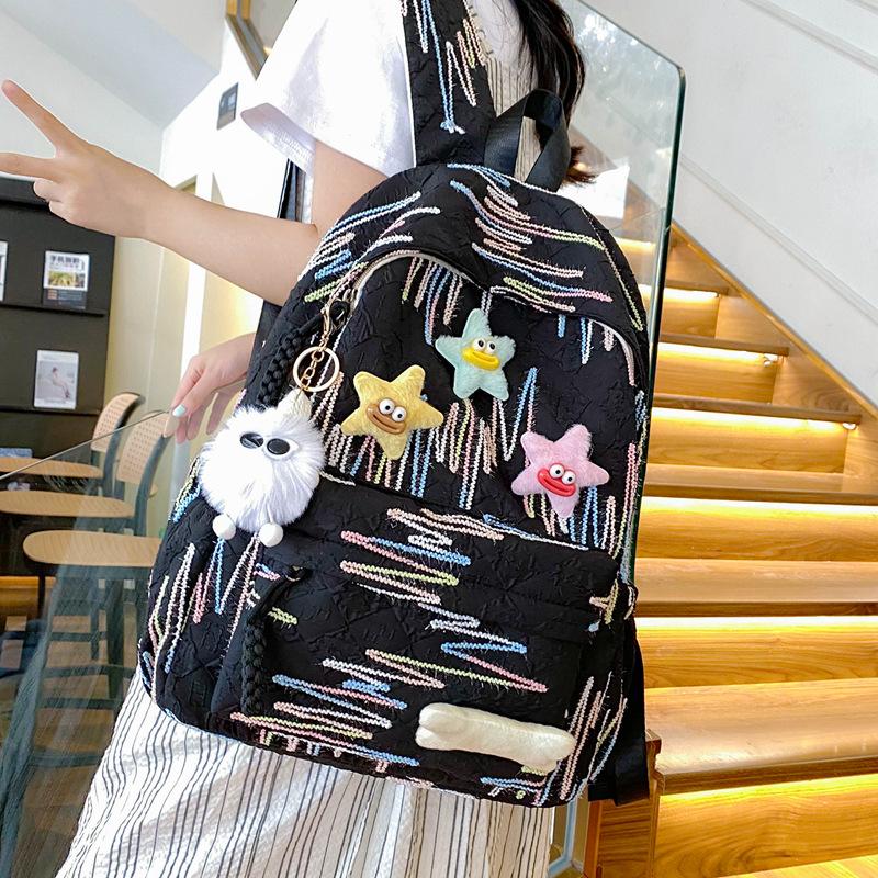 Autumn New Simple Lightweight Student Backpack Junior/high School Girl Schoolbag Cute Sweet Embroidery Striped Travel Book Bags with Cartoon Pendant