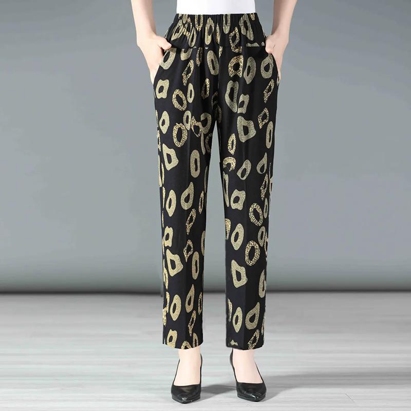 WTEMPO Retro Elegant Printed Elastic High Waist Thin Mother's Loose Cropped Pants Women's Spring Summer Ice Silk Wide Leg Pants