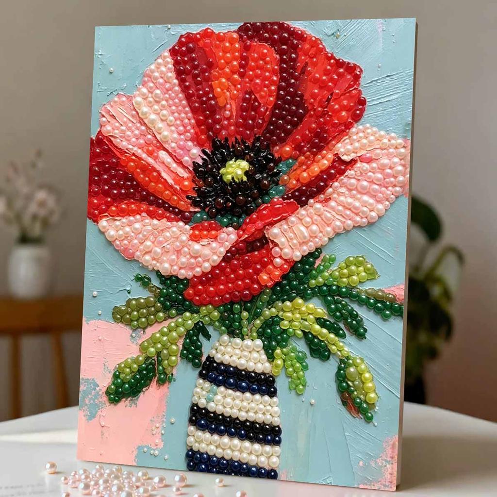 DIY Framed Pearl Painting Kit with Red Poppy Flower Vase 5D Sparkling Bead Art Canvas Ready to Display Home Decor Handmade Gift Idea