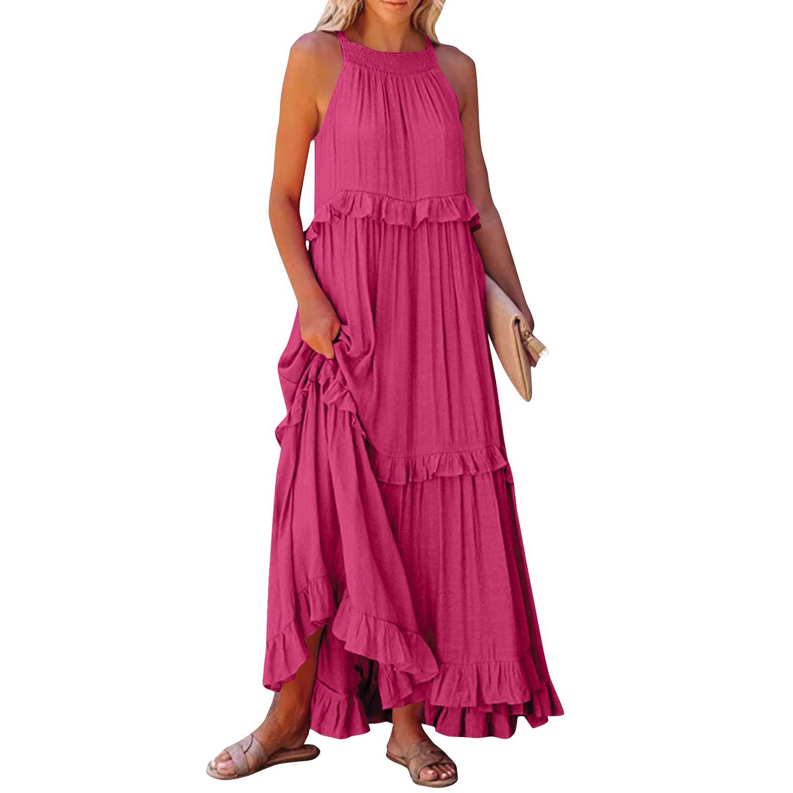 Women s Sleeveless Halter Neck Ruffle Maxi Dress Summer Beach Casual Bohemian Long Dress with Pockets XXL