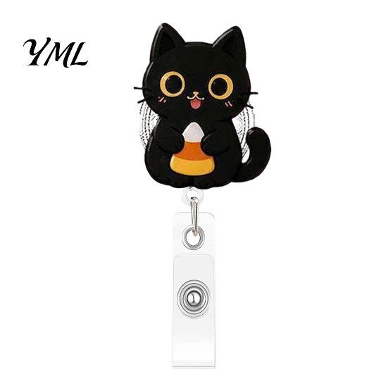 Decorative Badge Holder for Doctors Halloween Black Cat Pumpkin Reel, Retractable with 360 Degree Rotating Clip, Student Id Card Protector Acrylic