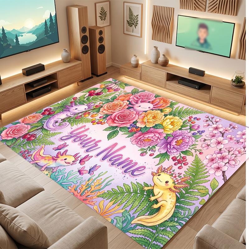 Floral Garden Theme Soft Crystal Velvet Rug Custom Name & Text Print Non Slip Floor Rug for Bedroom Living Room