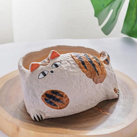 Cute Cat Planter, Cartoon Kitty Ceramic Plant Pot, Decorative Flowerpot with Drainage Hole for Succulents Cacti Small Plants Indoor Outdoor Decor