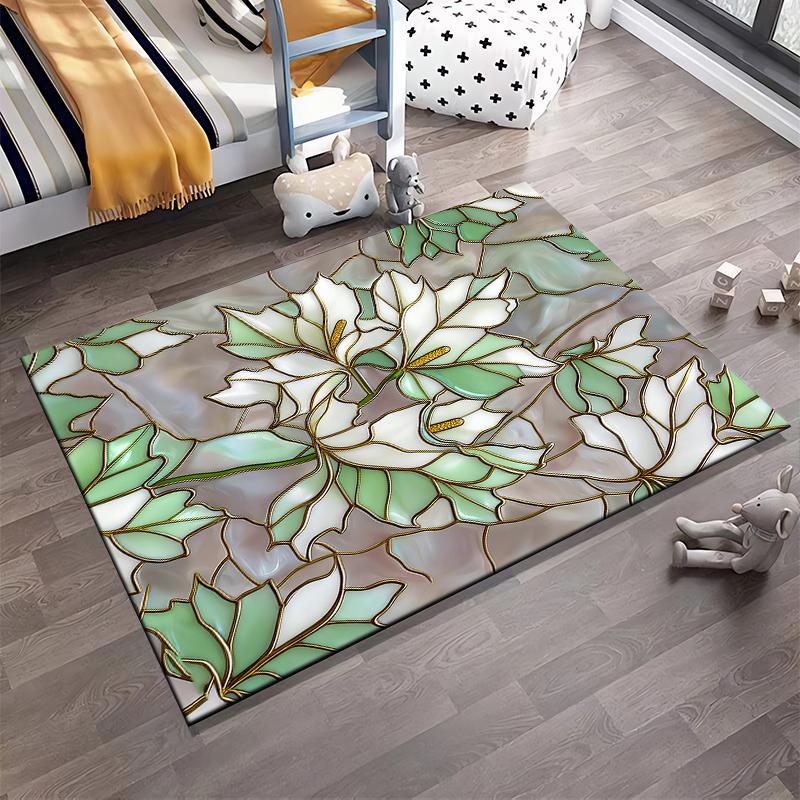Stained Glass Effect Floral Carpet with Green and White Leaf Design Suitable for use as an anti-slip for living room bedroom sofas