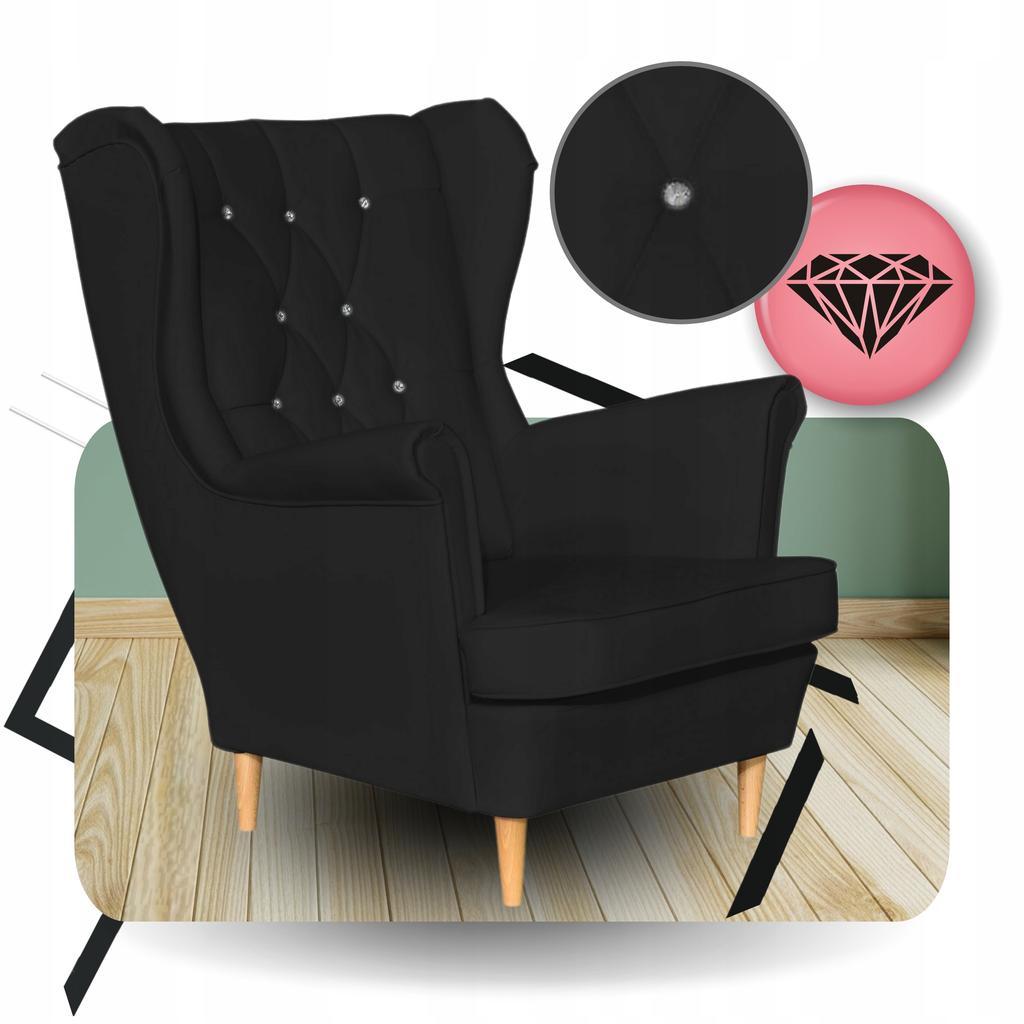 Fotel Uszak eko skóra Gaja z podnóżkiem Skandynawski Family meble czarny