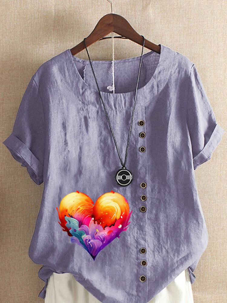 Women's Fashion Flame Love Print Round Neck Short Sleeve T-shirt Summer Casual Cotton Linen Graphic Shirt Leisure Loose Blouse Tops