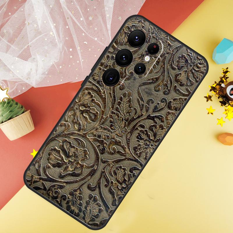 Brown Hand Tooled Western Phone Case For Samsung Galaxy S25 Ultra S23 S21 S20 S22 S24 FE S9 S10 Plus Cover Coque