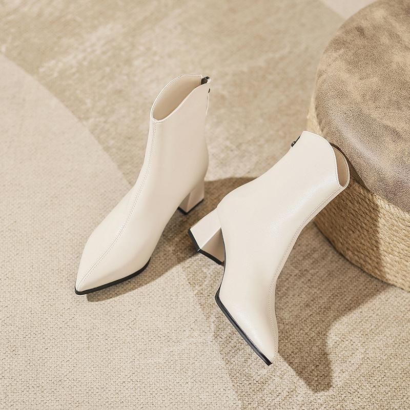 Coarse Heel Pointed Short Boots Women's Autumn and Winter Single Boots 2025 New Medium Boots French Temperament Leather Boots High Heel Thin Boots