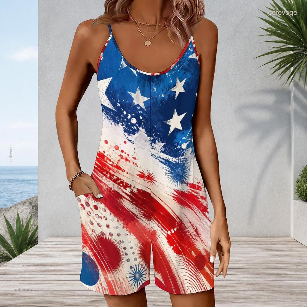 Women Plus Size Sleeveless Cami Short Romper Tie Dye Mandala Patriotic Boho Print Jumpsuit With Side Pockets