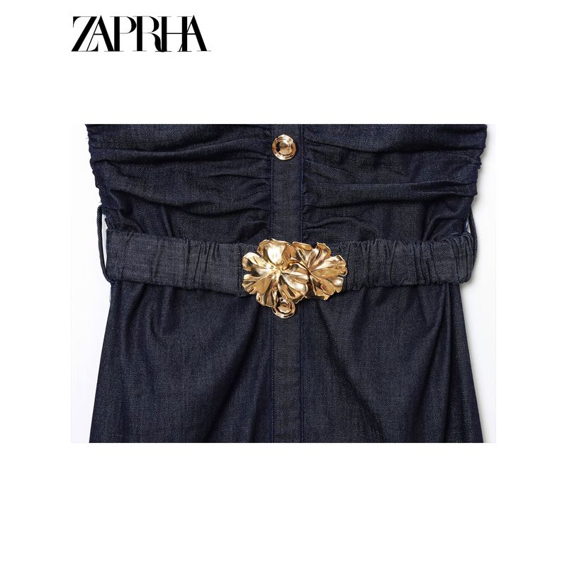 Zaprha 2025 New Arrival Retro Casual with Belt Ruched Denim Midi Skirt Dress Waist 3394576