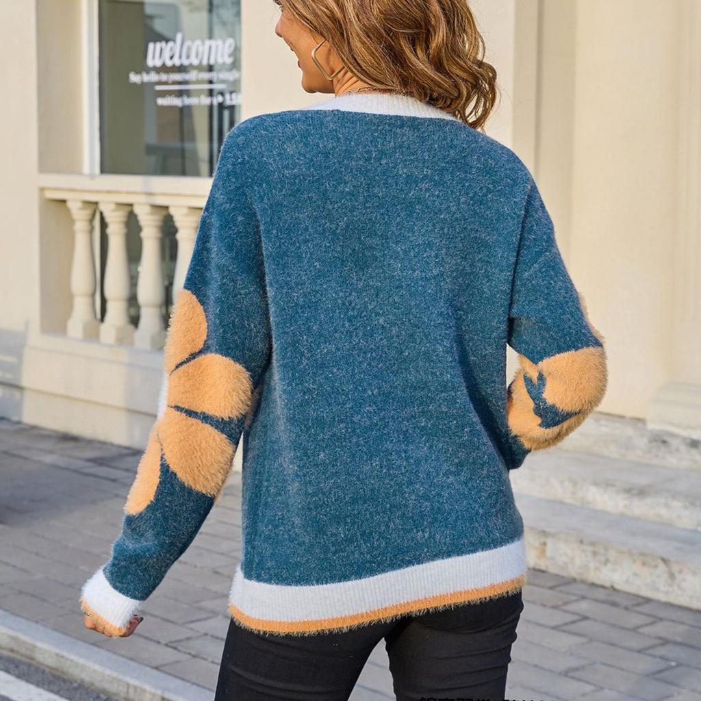 Women's Casual Fashion Comfortable Round Neck Pullover Floral Long Sleeve Street Style Knitted Sweater