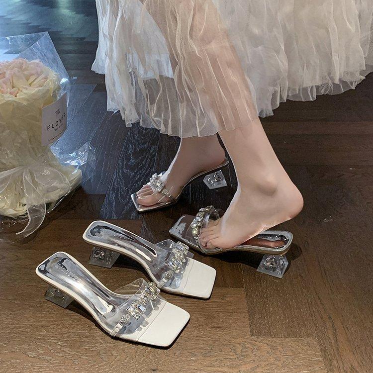 Crystal Thick-heeled Sandals Women's Summer 2025 New Rhinestone High-heeled Shoes Square Head Word with Medium Heel Temperament Slippers