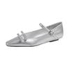 Square Head Single Shoes Women's New Bow Light Mouth Thick Heel Flat Silver Mary Jane Floating Shoes