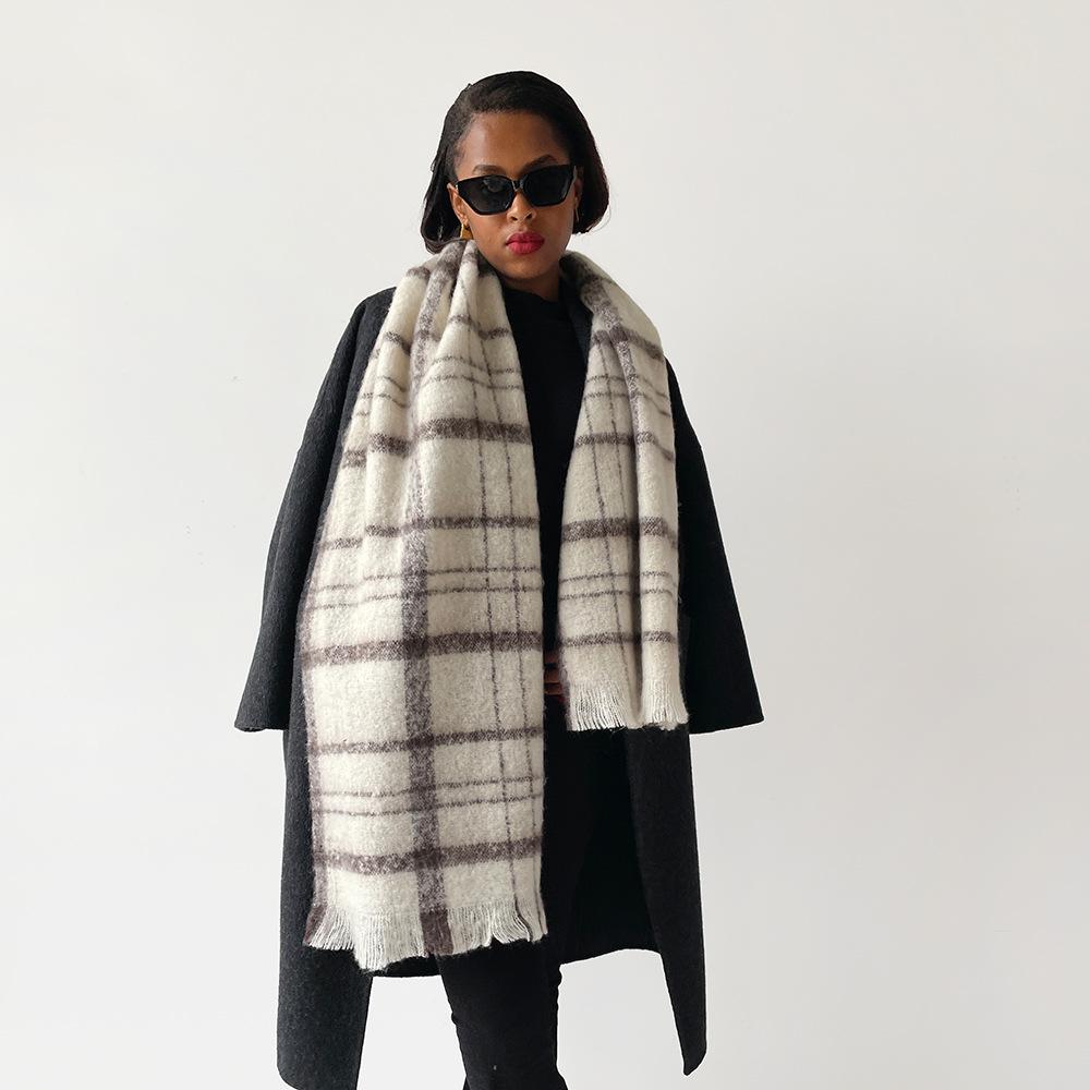 New white mohair imitation cashmere plaid scarf women's winter high-end wool versatile shawl thickened and warm