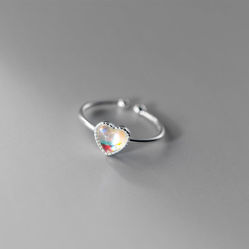 Gradual Change Aurora Colorful Moonstone Love Open Ring Light Luxury Heart Index Finger Ring Sweet And Cool Style