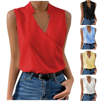 Camisetas sin mangas de verano para mujer, de color, con cuello de pico festoneado