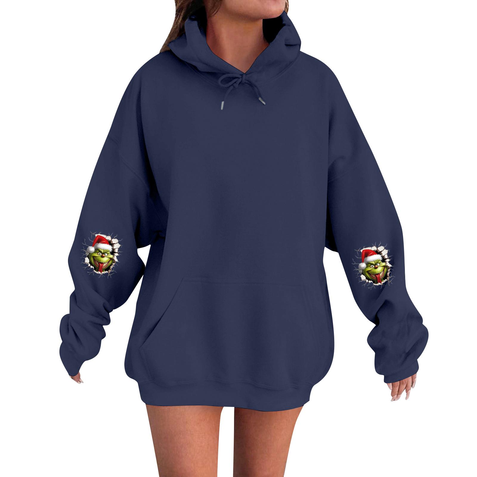 

Женский модный, расслабленный и удобный свитер с круглым вырезом и капюшоном, с длинными рукавами и рождественским принтом, теплый свитер XXXL