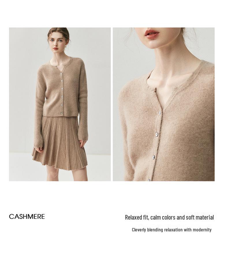 Women's Solid Color Cashmere Cardigan - Round V-Neck, Single-Breasted Wool Sweater for Autumn/Winter.