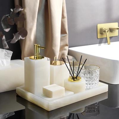 Badezimmer-Set aus weißem Onyx-Naturmarmor, luxuriöse Seifenschale, Seifenspender, Taschentuchbox, Zahnbürstenhalter, Badezimmer-Accessoires