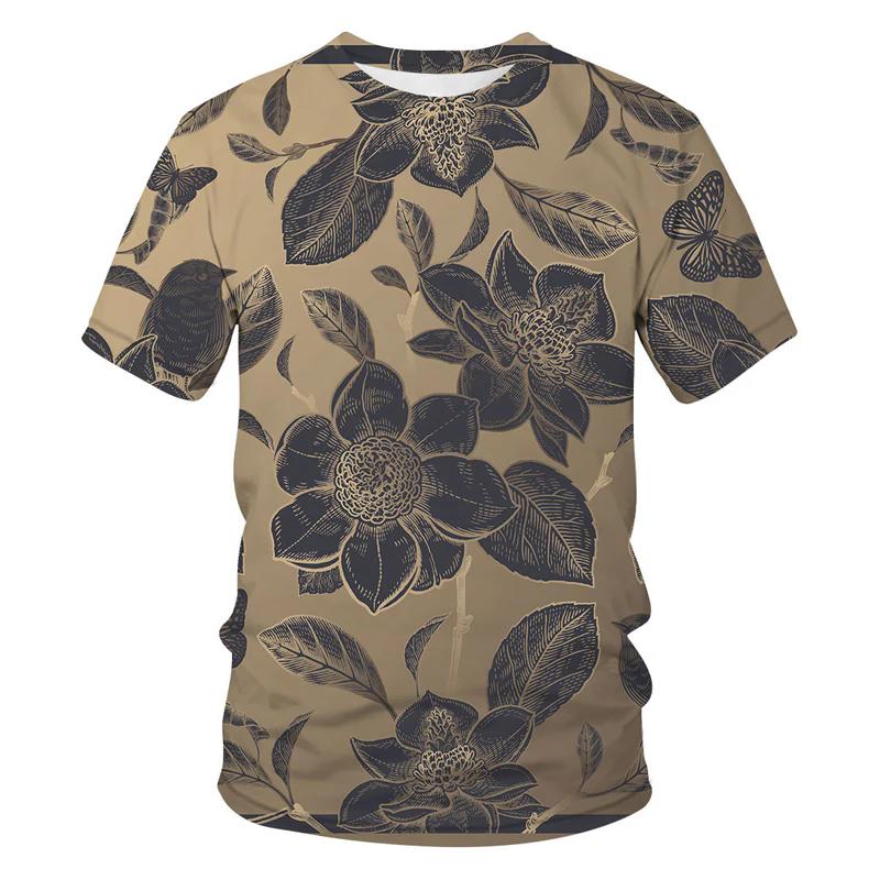 Round Neck Floral Pattern 3D Printed T-shirts Casual Short Sleeved Men's T-shirts - Soft Medium Stretch Polyester Fabric Summer Relaxed Fit Clothing