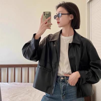 Black Pu Leather Jacket Women's Short Autumn and Winter New Hong Kong Style Small Velvet Motorcycle Jacket Top