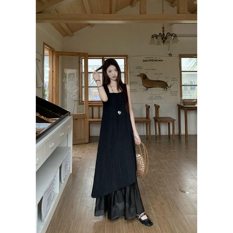 

Kumikumi High-Grade Contrast Color Irregular Hem Vest One piece Dress Women clothing Summer Patchwork A- line Skirt Long dress Temperament Black L