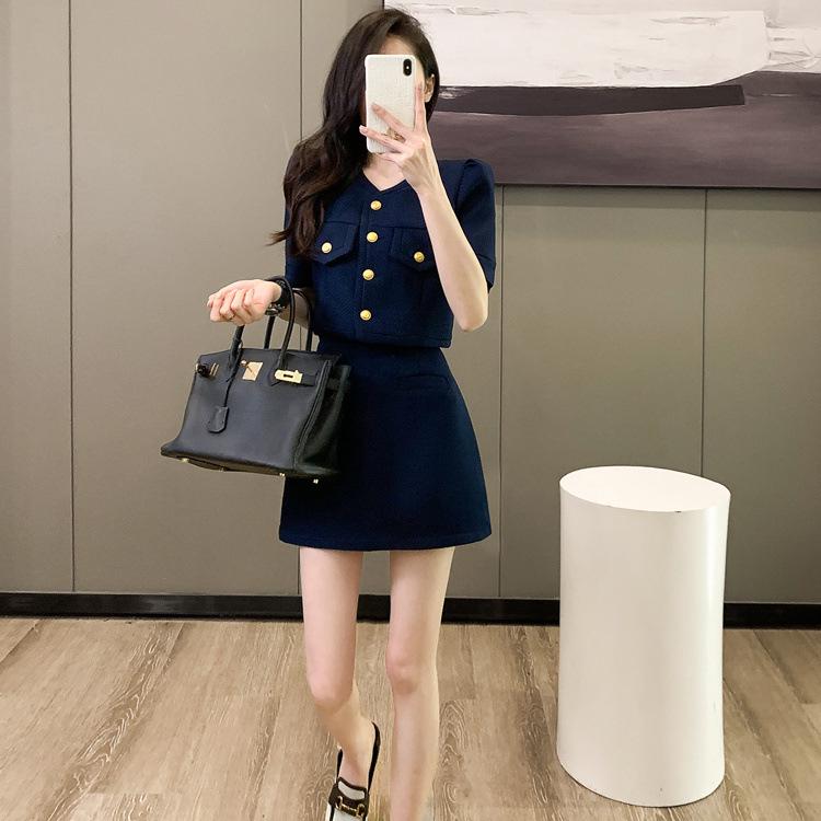 Chic French Socialite Two-Piece Set: Short-Sleeve Top & Skirt S