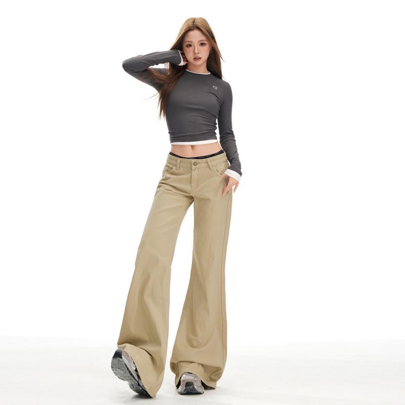 Women's Khaki Micro-Flared Casual Pants - Loose Fit, Autumn Retro Slimming Jeans