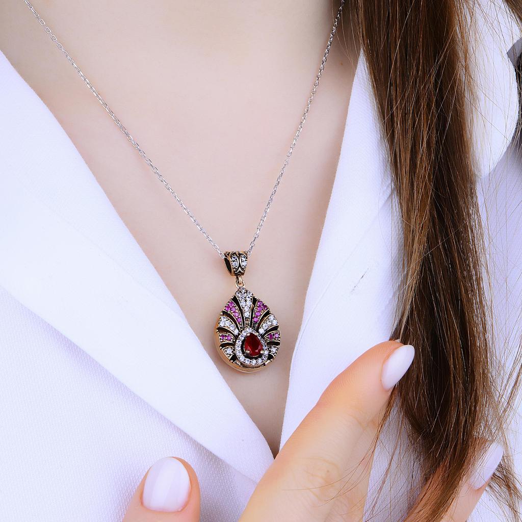 Kosem Sultan Silberschmuckset, Rubinstein, osmanisches Design, handgefertigte türkische Silberhalskette, Ring und Ohrringe, einzigartiges Geschenk für Frauen