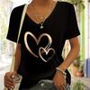 Fashionally Simple and Elegant Vacation Bleached Heart-shaped Graphic V-neck Short-sleeved T-shirt for Casual and Sporty Wear