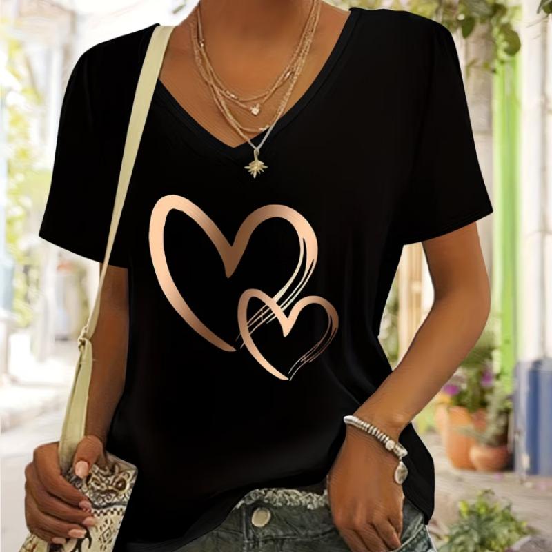 Fashionally Simple and Elegant Vacation Bleached Heart-shaped Graphic V-neck Short-sleeved T-shirt for Casual and Sporty Wear