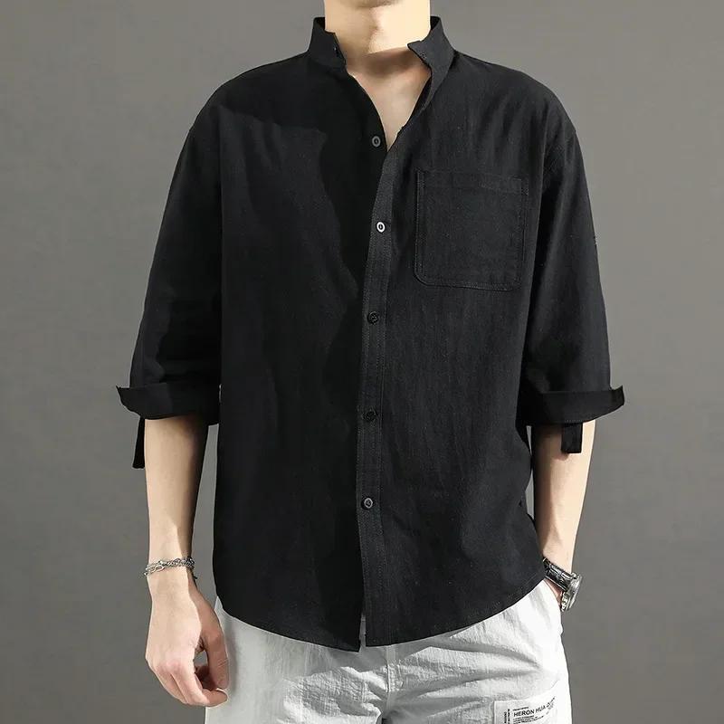Sommer Japanisches Casual Loose Stehkragen Baumwoll- und Leinenhemd Herren Leinenhemd Dreiviertelärmel Herrenhemden