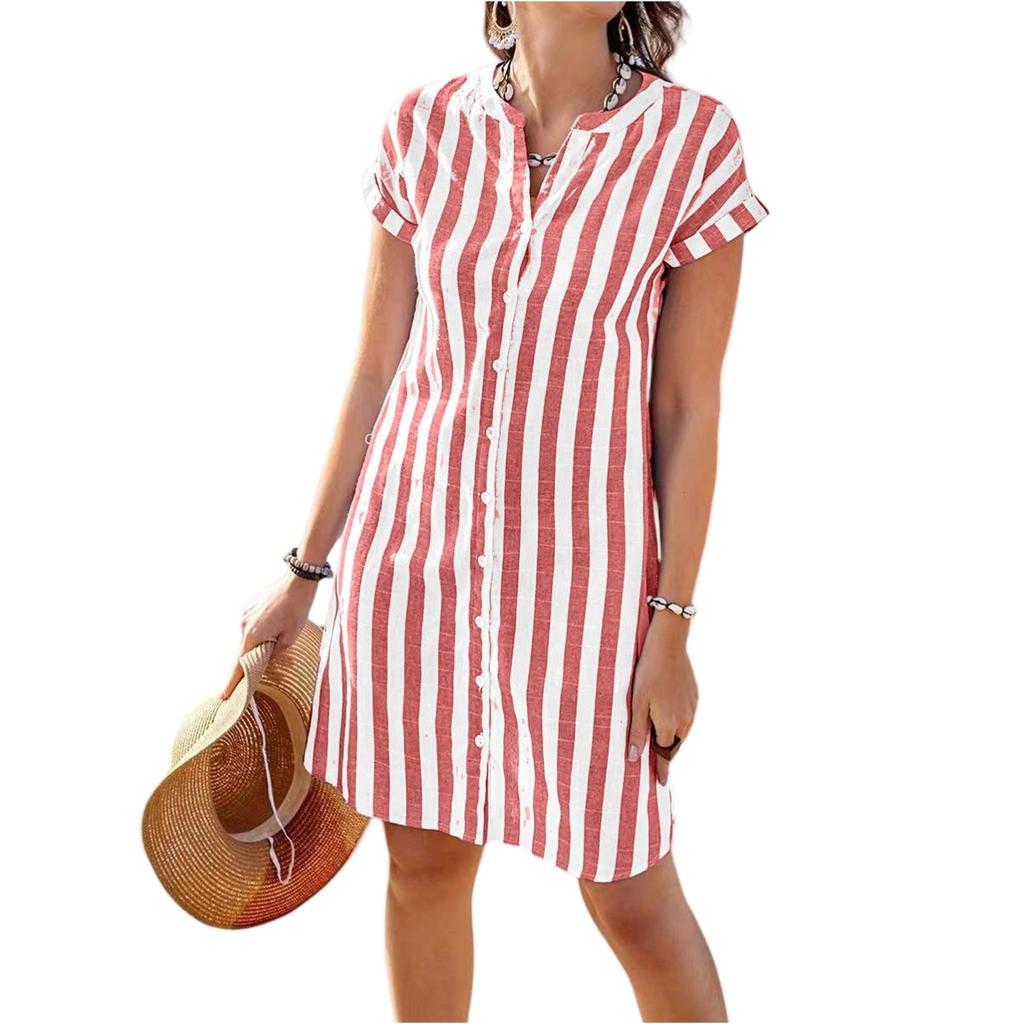 Dámské ležérní bavlněné a lněné pruhované tištěné šaty s krátkým rukávem