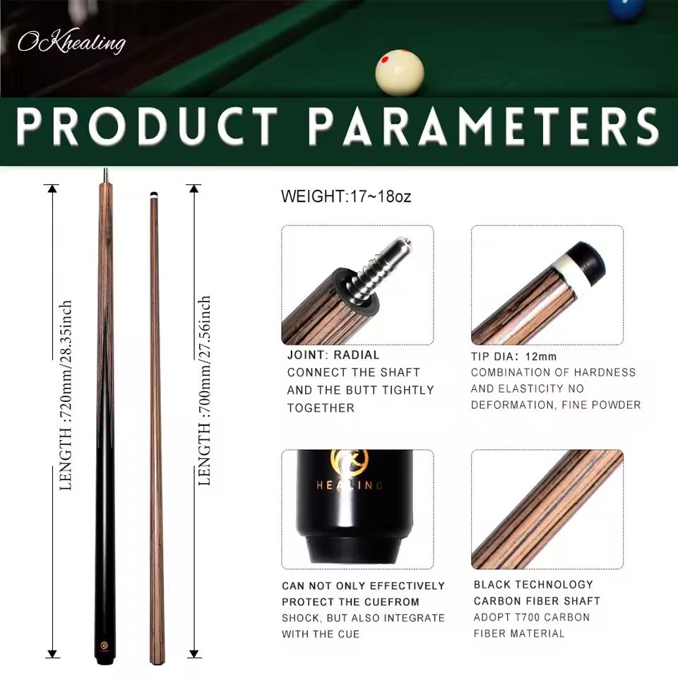 HEALING Pool Cue Black Technology Billiard Cue Sticks 12mm Tip Radial Pin Joint 142cm/55.9inch Length 19~21oz Weight