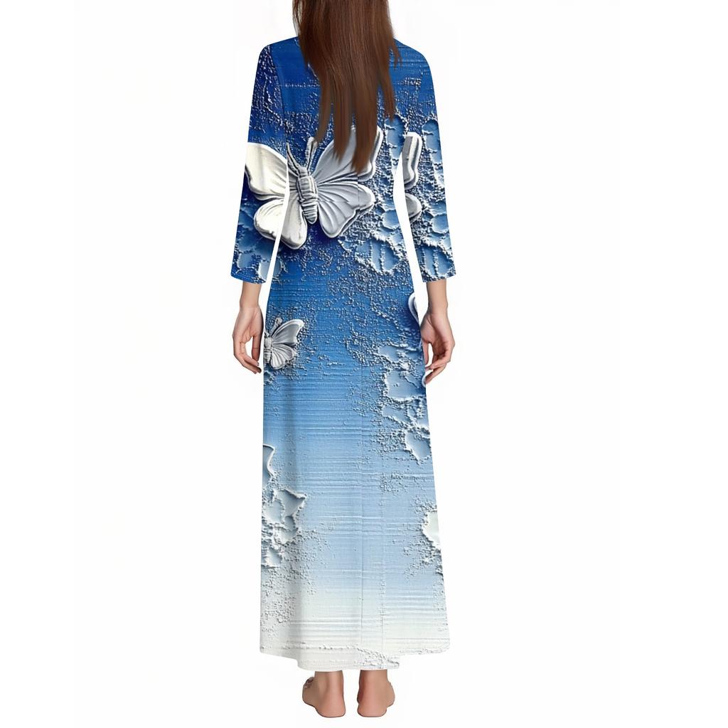 Women's Casual 3/4 Sleeve V-Neck Floral Print Maxi A-Line Beach Dress
