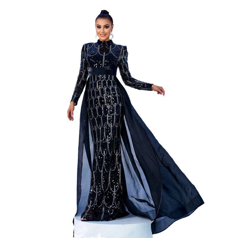 Wedding Dress European and American New Style Long-Sleeved Round Neck Long Sequined Banquet Cape Fishtail Evening Dress Bridesmaid Dress