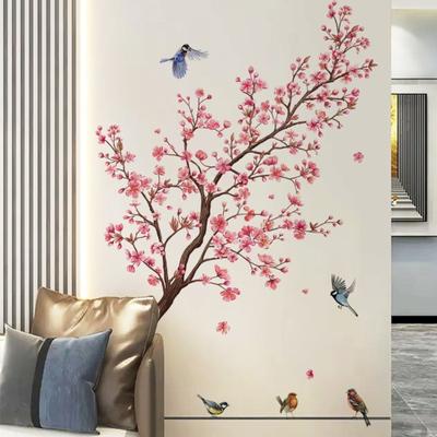 2 Sheets/Set Flower Tree Wall Sticker Pink Blossom Bird Waterproof PVC Removable Living Room Bedroom Modern Wall Art Decoration Decal
