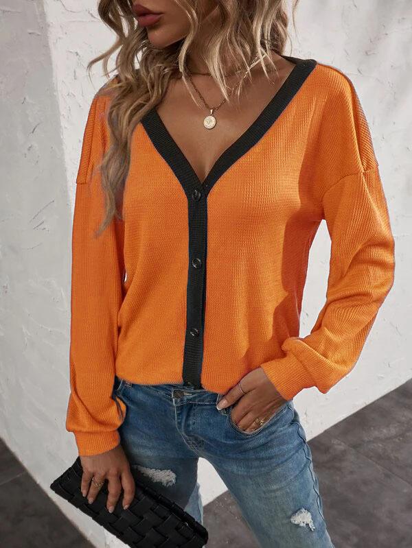Damen-Cardigan, T-Shirt, V-Ausschnitt, langärmelig, Waffel-Cardigan, Knopfstrick-Oberteil, Jacke