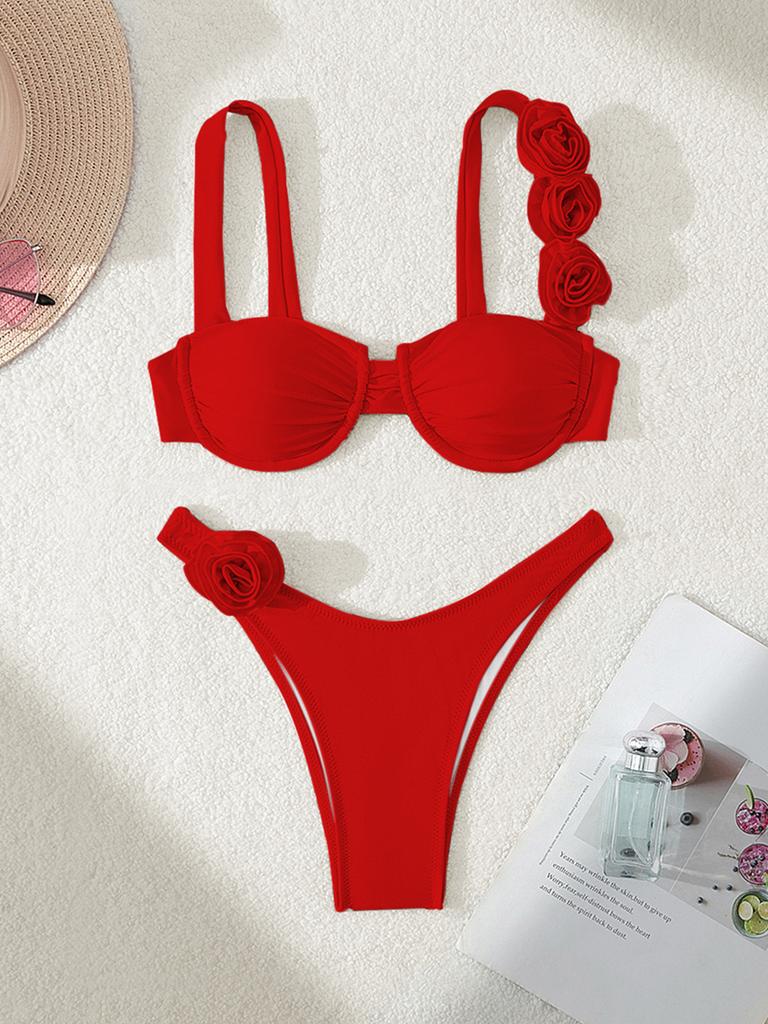 New Bikini European And American Bikini Steel Tray Solid Color Three-Dimensional Flower Split Women'S Swimsuit Swimsuit