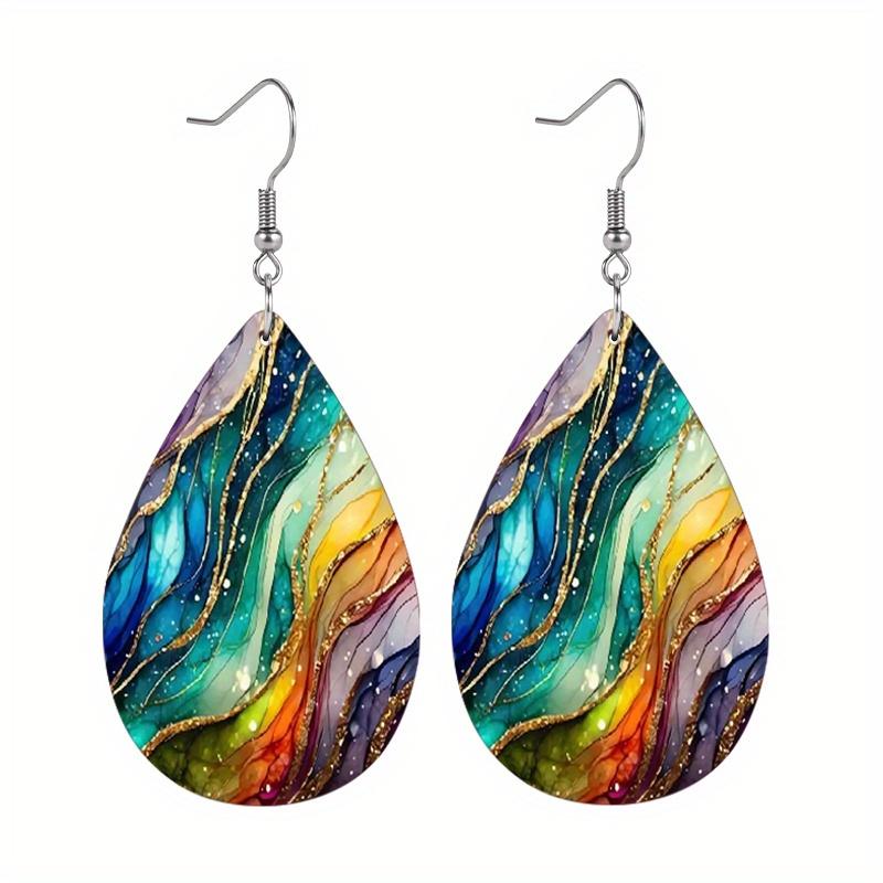 Colorful Pleated Marble Pattern PU Leather Earrings for Women Gorgeous Fashionable Earrings Double Sided Teardrop Earrings