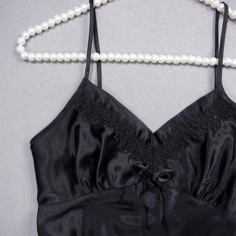 Women's Summer Lace Trim Ice Silk Pajama Set - Cool, Breathable Camisole Nightgown with Short Skirt