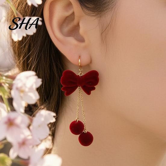 Holiday Statement Jewelry for Women 1 Pair Velvet Bow Earrings Women, Red Christmas Bowknot Dangle Drop Fashionable Face Slimming with Ball
