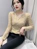 Women's V-Neck Lace Mesh Velvet Top - Long-Sleeve, Slim, Stylish for Autumn/Winter